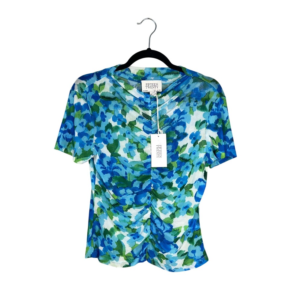 Fifteen Twenty Sabrina Mesh Ruched Top Sz XL Floral Short Sleeve Garden Y2K NWT